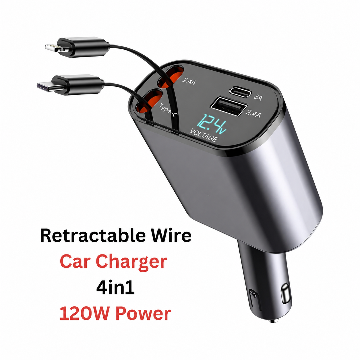 Retractable Wire Car Charger 4in1 – 120W Power Code: USB 4IN1