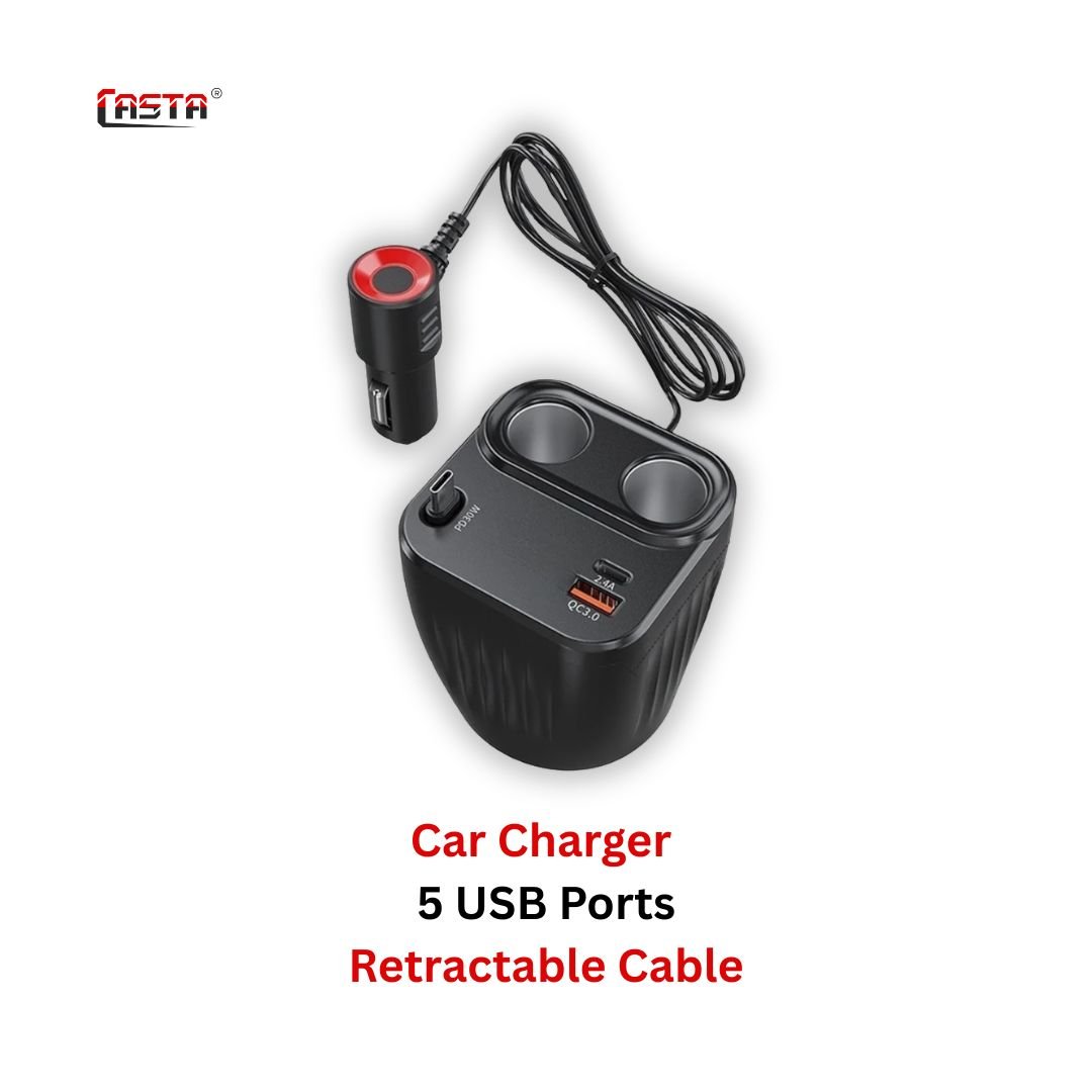 Car Charger Cup 5 USB Ports With Retractable Cable