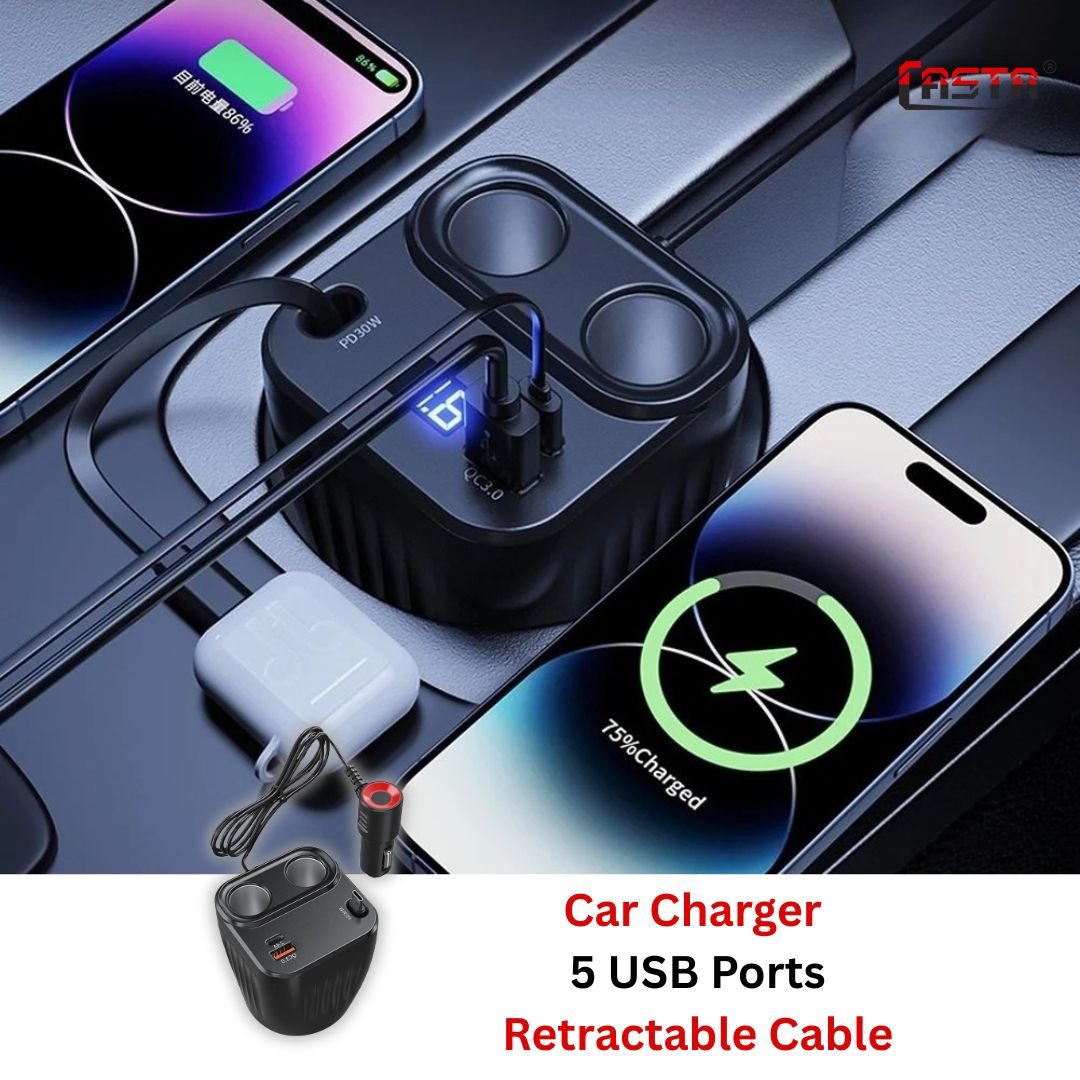 Car Charger Cup 5 USB Ports With Retractable Cable - Image 3