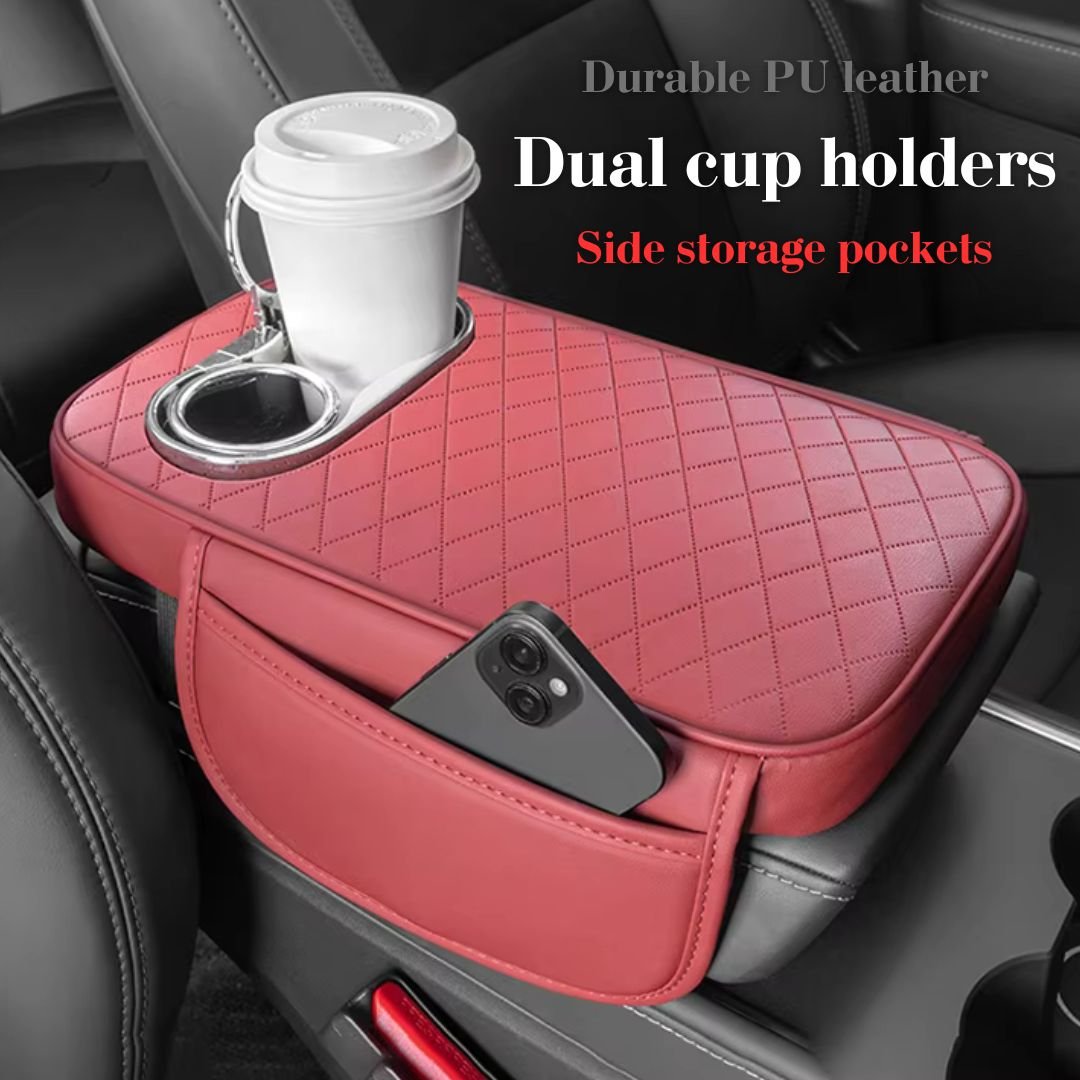 Car Center Console Armrest Cushion with Cup Holder – Beige - Image 2