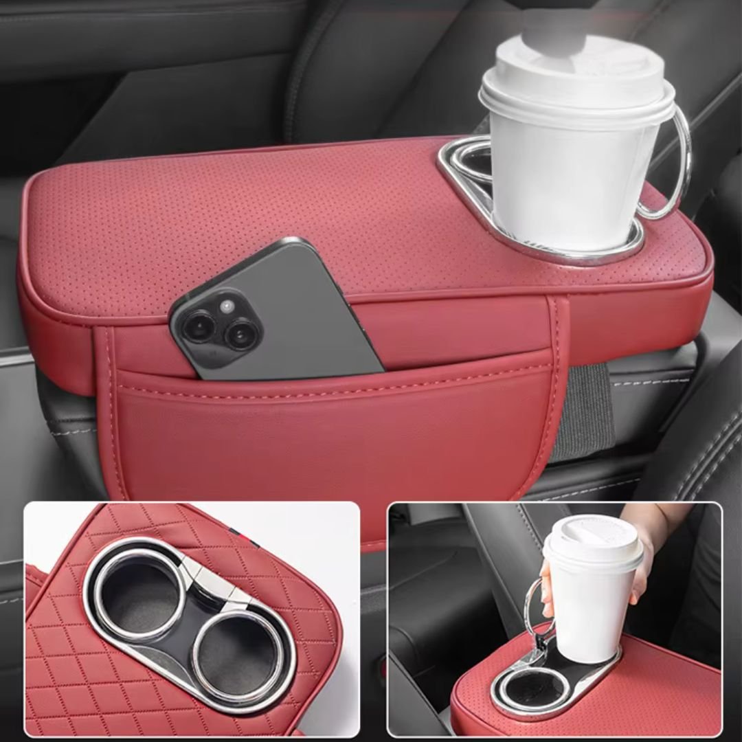 Car Center Console Armrest Cushion with Cup Holder – Beige - Image 4