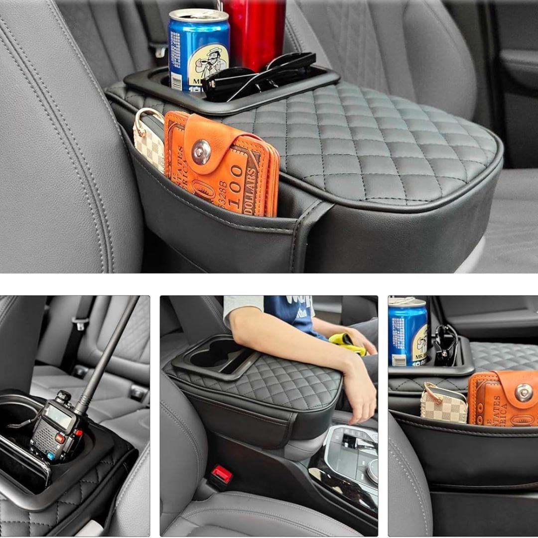 Car Center Console Armrest Cushion with Cup Holder – Beige - Image 6