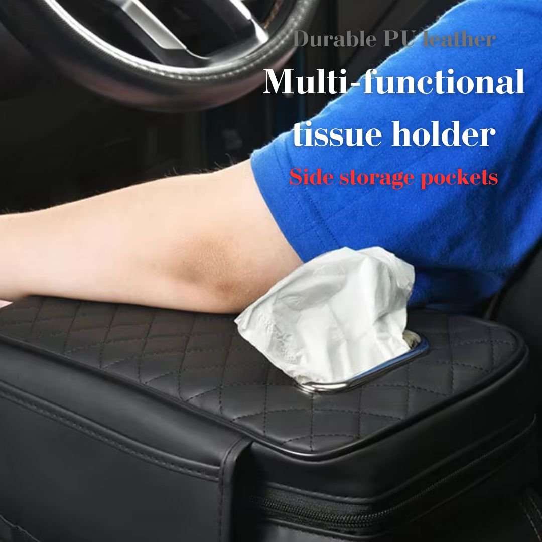 Car Center Console Armrest Cushion with Tissue Box Holder – Beige - Image 6