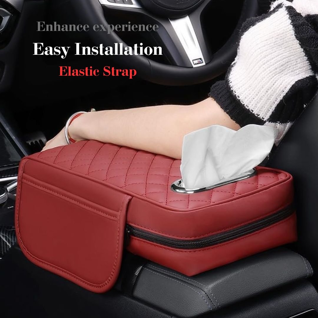 Car Center Console Armrest Cushion with Tissue Box Holder – Beige - Image 3