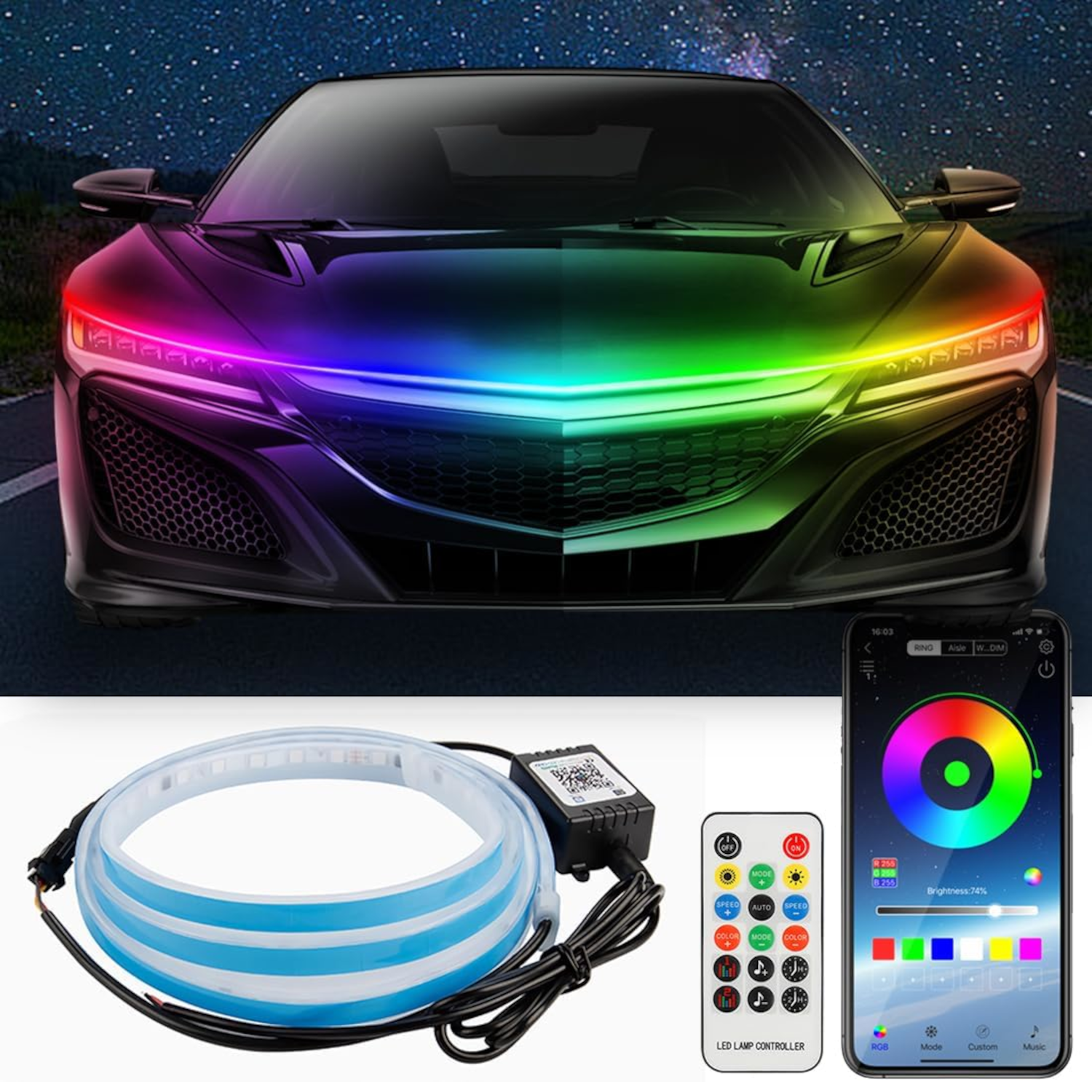 Dynamic Multi Color LED Car Hood Strip Lights – 12V