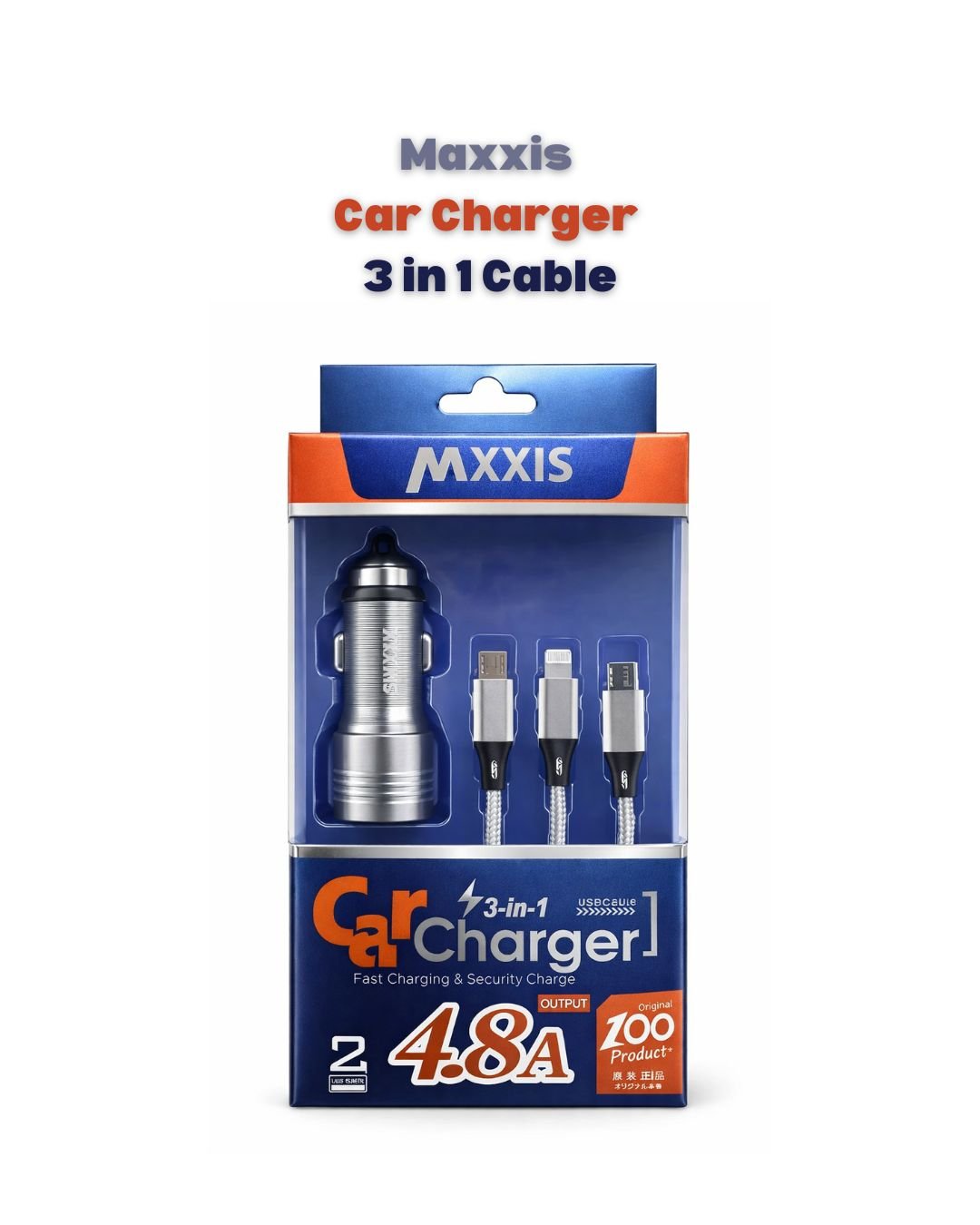 Maxxis Car Dual USB mobile Charger With 3 in 1 Cable – 4.8A – 12v/24v