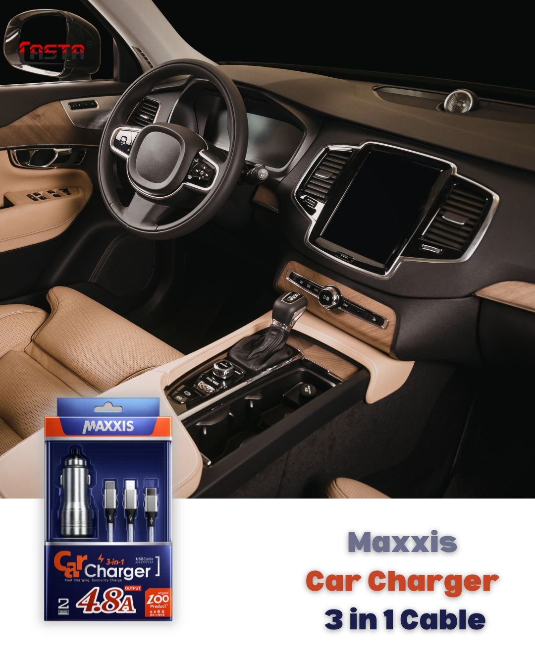 Maxxis Car Dual USB mobile Charger With 3 in 1 Cable – 4.8A – 12v/24v - Image 2