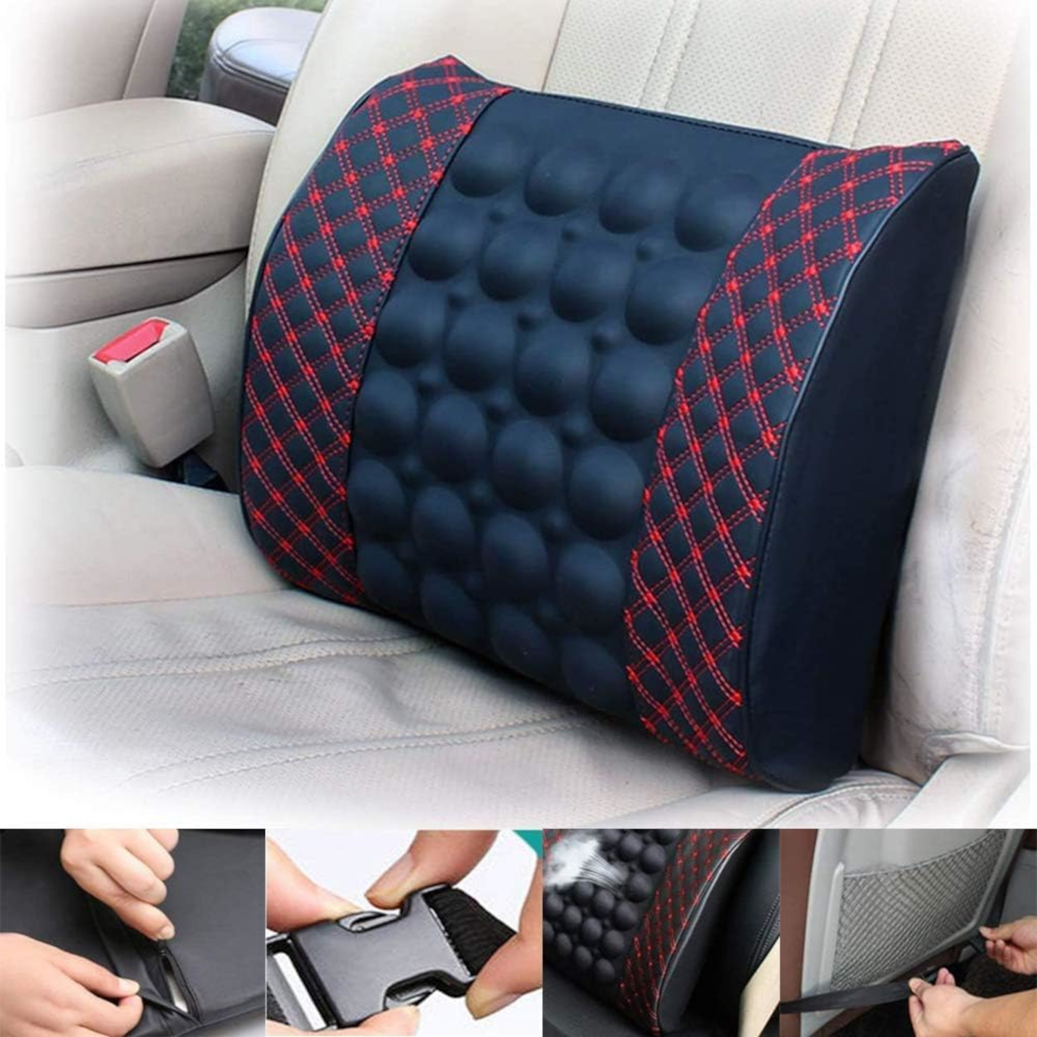 Car Lumber Support Cushion With Massage -Embroidery White - Image 3